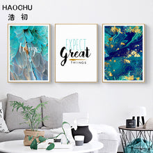 Load image into Gallery viewer, HAOCHU Blue Agate Heart Expect Great Things Fly To Sky Abstract Blue Gold Foil Art Poster Colorful Diamond Canvas Painting