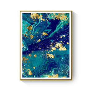 HAOCHU Blue Agate Heart Expect Great Things Fly To Sky Abstract Blue Gold Foil Art Poster Colorful Diamond Canvas Painting