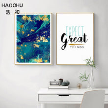 Load image into Gallery viewer, HAOCHU Blue Agate Heart Expect Great Things Fly To Sky Abstract Blue Gold Foil Art Poster Colorful Diamond Canvas Painting
