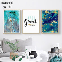 Load image into Gallery viewer, HAOCHU Blue Agate Heart Expect Great Things Fly To Sky Abstract Blue Gold Foil Art Poster Colorful Diamond Canvas Painting
