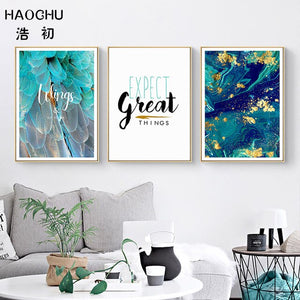 HAOCHU Blue Agate Heart Expect Great Things Fly To Sky Abstract Blue Gold Foil Art Poster Colorful Diamond Canvas Painting